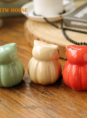 田园饰品温釉面陶瓷猫头鹰家居杂货彩色动物搁板摆设