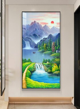 聚宝盆玄饰画流水生财山水风景入户走廊挂画客厅手绘油画壁画