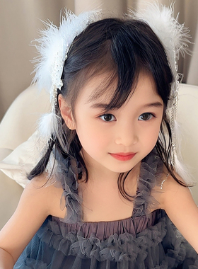 儿童公主头饰超仙立体羽毛流苏水晶发夹女童白色蝴蝶汉服气质发饰