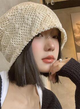 新款日系复古镂空针织冷帽女夏季薄款堆堆帽透气显脸小包头帽子潮