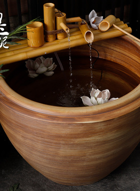 陶瓷粗陶手工大圆坛特大水缸棕木纹纹理线条鱼缸落地庭院园林