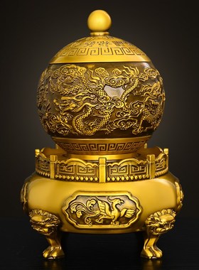 铜九转乾坤鼎纯黄铜摆件九龙戏珠客厅办公室装饰开业礼品工艺品