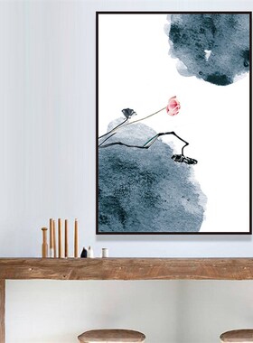 新蓝色荷饰画客厅沙发背景墙挂画办公室茶桌黑框壁画