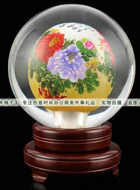 精品水晶球内画牡丹富贵礼品传统工艺办公书房饰