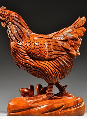 梨木雕母鸡动物雕刻十二生肖鸡家居客厅店铺装饰红木工艺品
