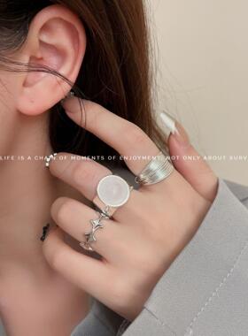 韩国新款复古亚银色星星多层线条叠戴戒指女冷淡风轻奢开口指环戒