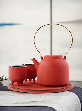 新样板房客厅茶几茶具茶室摆台红色陶瓷茶壶茶杯装