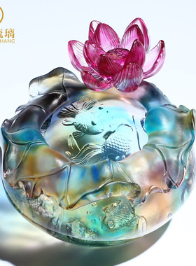 琉璃金鱼聚宝盆招财创意莲花工艺品存钱罐家居客厅高档装饰品
