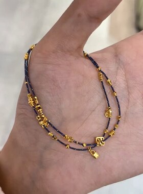 金缕藏青复古编绳铜钱小锁手链