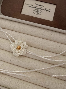 法式白色山茶花项链高级双层米珠叠戴锁骨链优雅配饰颈链毛衣链女