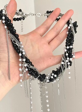 暗黑风多层缠绕十字架流苏项链女时尚黑色串珠锁骨链朋克辣妹颈链