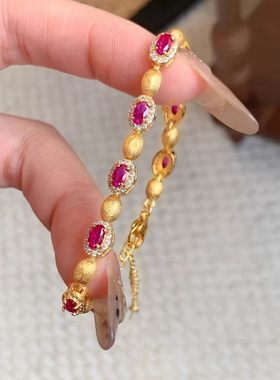 老钱风中古拉丝鸽血红色手链女款2025新款轻奢小众精致叠戴手配饰