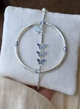 新中式珐琅蓝蝶银色手镯女民族风高颜值手链轻奢小众设计精致手饰