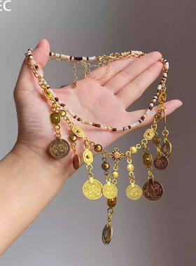 新中式民族风项链复古做旧异域风毛衣颈链贵气钱币精致流苏锁骨链