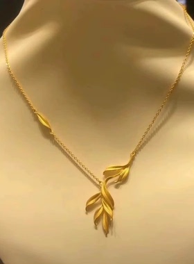 设计感柳叶新中式金色复古树叶不对称项链中古风时尚轻奢小众配饰