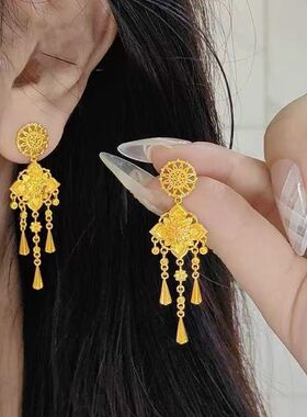 金店同款金色宝相花流苏耳环