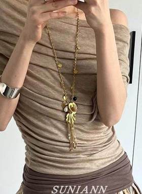 复古文艺风~金色长款爱心流苏项链女轻奢高级毛衣链中古小众配饰