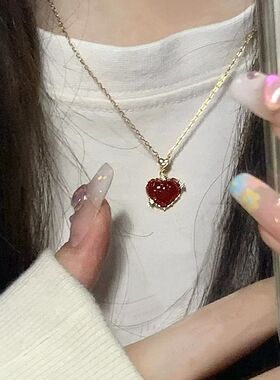 红色爱心拼接甜酷小众锁骨链