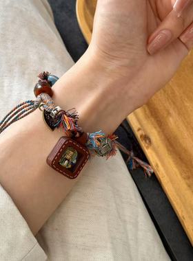 藏式精致编绳手绳手工扎基拉姆搭配手工彩色串珠高颜值手饰送女友