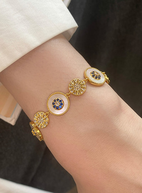 美拉德复古棕色仿虎眼石贝母罗盘手链女轻奢小众精致镶钻锆石手环