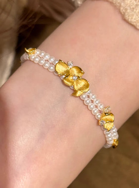 法式复古金色拉丝闪钻兰花珍珠手链女配饰精致叠戴百搭气质手饰