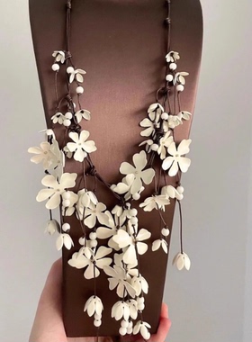 波西米亚度假风独特花朵流苏长款项链复古高级感小清新白色锁骨链