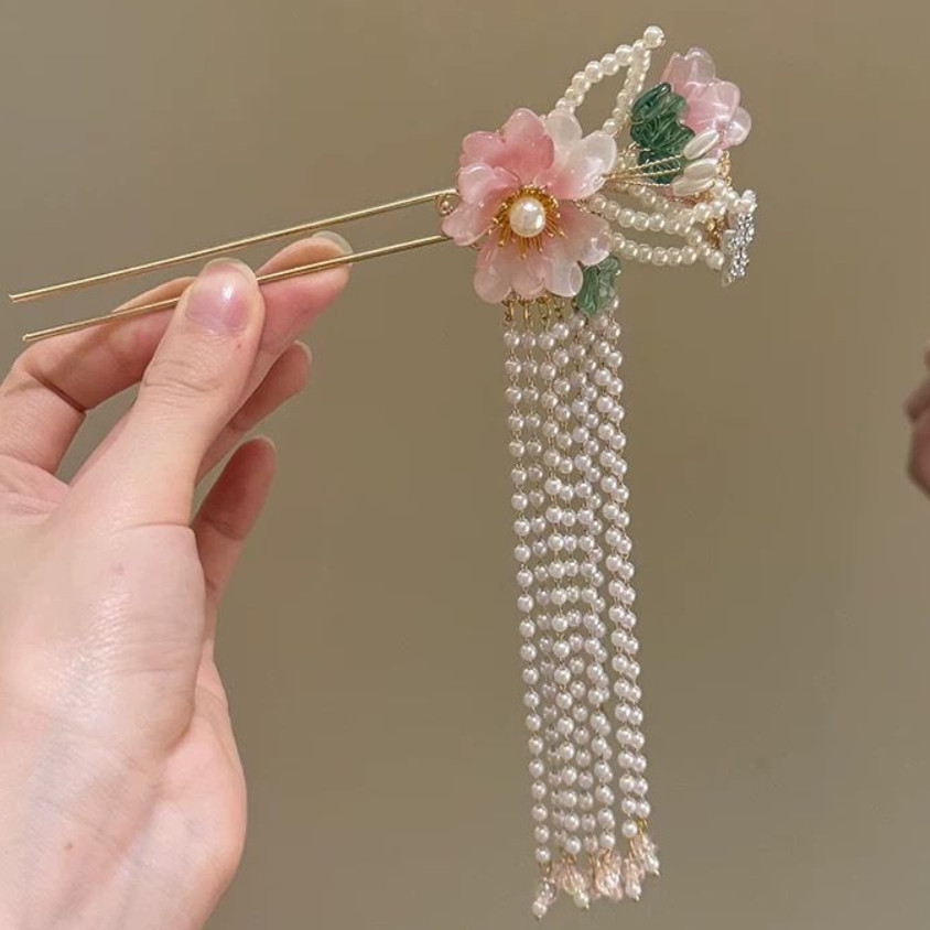 公主风~新中式簪花绢花朵发钗流苏发簪子古典头饰汉服头饰盘发器,淘宝优惠券,粉丝福利购,淘宝优惠卷