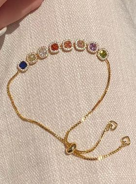 多巴胺彩色锆石方糖手链戒指法式轻奢高级感甜美气质清冷感手饰女