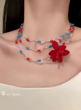 复古辣妹红蓝串珠choker锁骨链女小众轻奢花朵颈链长款流苏项链潮
