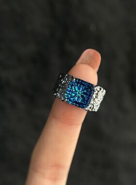 中古风深海蓝方钻戒指时尚百搭