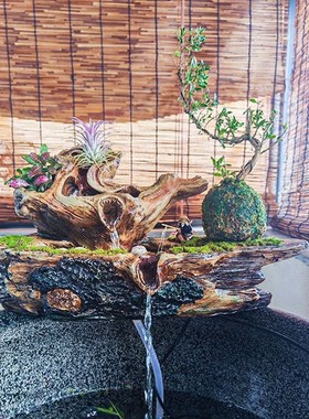 仿枯木鱼缸流水造景摆件古法鱼缸流水装饰循环流水增氧净化过滤