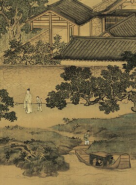 明 仇英 莲溪渔隐图国画真迹微喷复制风景画客厅玄关饰画挂画
