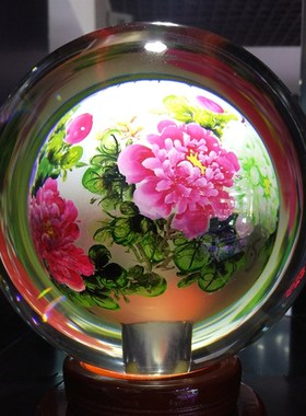 水晶内画球富贵吉祥牡丹手工艺品艺术国粹客厅玄关装饰送礼