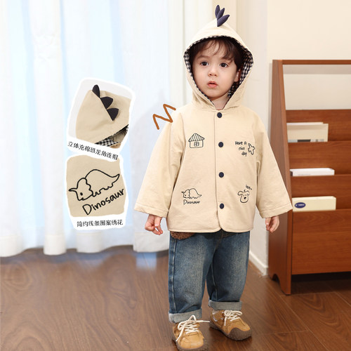 小O爸婴童 男宝宝外套童趣涂鸦格子连帽2026新款婴儿外穿棉服 - 图1