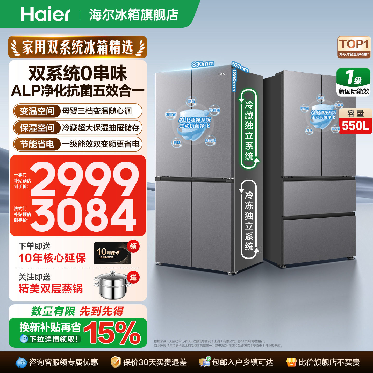 【双循环系统】海尔冰箱Leader550L十字对开法式一级家用官方正品