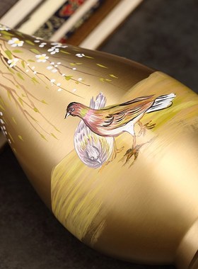 纯黄铜瓶现代鸟图家用室内客厅茶几办公室插干装饰品