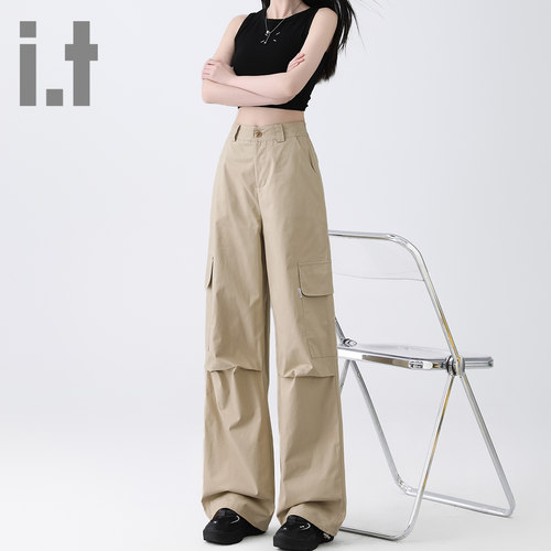 it ccaabb卡其色工装裤宽松阔腿高腰显瘦百搭直筒窄版休闲裤K - 图1