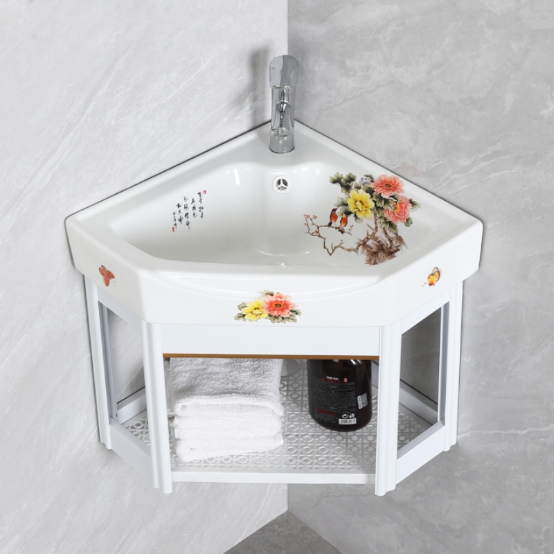 化妆室挂墙式洗手盆柜组合陶瓷三角洗脸盆转角小户型阳台面盆迷你 - 图0