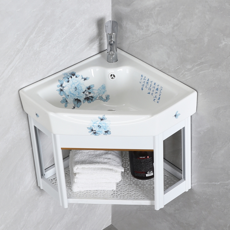 化妆室挂墙式洗手盆柜组合陶瓷三角洗脸盆转角小户型阳台面盆迷你 - 图1