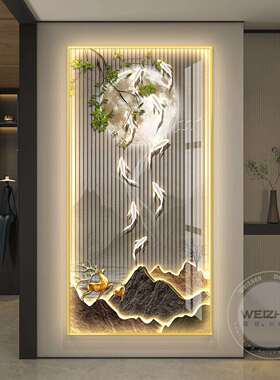 轻奢ed带灯l鱼图025入现户玄关装饰画简约代画走廊挂过道壁画竖版
