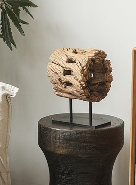 晚风老榆木铁脚客厅玄关装饰实木圆形侘寂风复古做旧民宿艺术