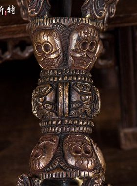 尼泊尔手工雕花紫铜家居客厅装饰用品贡具五股金刚宝杵手把件摆件