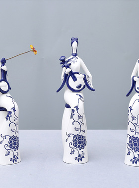 陶瓷工艺品色釉仿青花瓷器仕女人物中式摆件创意家居客厅装饰品