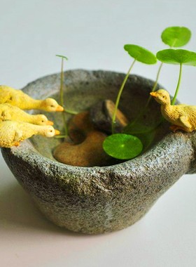 创意爱小鸭子盆景戏水假山微景观造景园树脂装饰田园风格