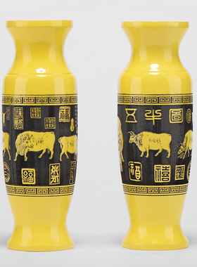 刺史楠木五牛图瓶一对实木客厅插饰