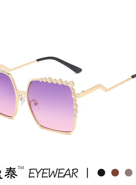 2023新款F家装饰珍珠太阳镜 欧美潮流网红时尚大框镶钻方形墨镜