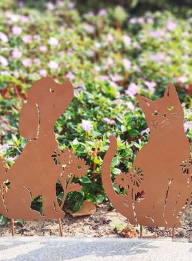 动物插挂饰仿铁锈草地地插狗狗猫咪园庭院草坪园艺饰品
