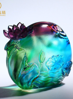 琉璃镇纸荷花小摆件禅意家居摆设展示架办公室桌面创意高档艺术品