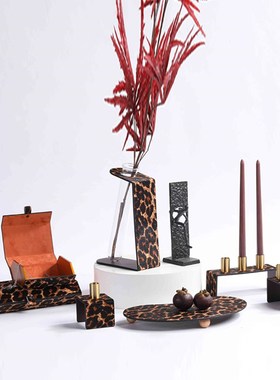 现代皮革托盘烛台样板间餐桌客厅酒店民宿桌面装饰摆放