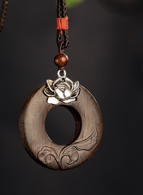 莲花平安扣~手工雕刻檀木平安扣吊坠长项链复古民族风木质毛衣链